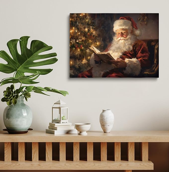Victorian Christmas Canvas Wall Art,Vintage Painting of Santa Claus Reading a Book Under Christmas Tree, Winter Holiday Print, Holiday Season,Christmas Library Reading Room Decor24x36inch Unframed