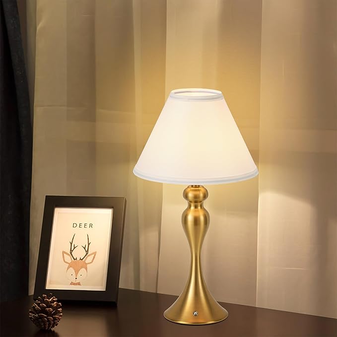 Rechargeable Cordless Table Lamps, Battery Operated Lamp with Fabric Shade for Decor, 3 Color Stepless Dimming LED Table Light, Nightstand Lamp for Nursery, Bedroom, Living Room, Home Office (Brass)