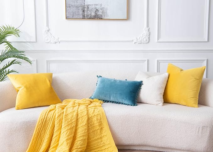 JUSPURBET Throw Pillow Covers Set of 2 Decorative Velvet Pillow Covers 24x24 for Couch Sofa Bed Soft Cushion Covers Cases with Invisible Zipper for Living Room Home Decor,Yellow