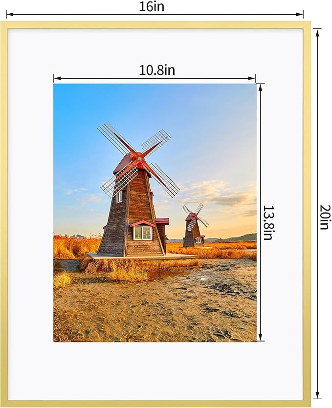 16x20 Metal Frames Set of 2, 16 x 20 Aluminum Photo Frames with 11x14 Mat - Sawtooth Hangers, Spring Clips for Wall Mounting Horizontal and Vertical(Gold)