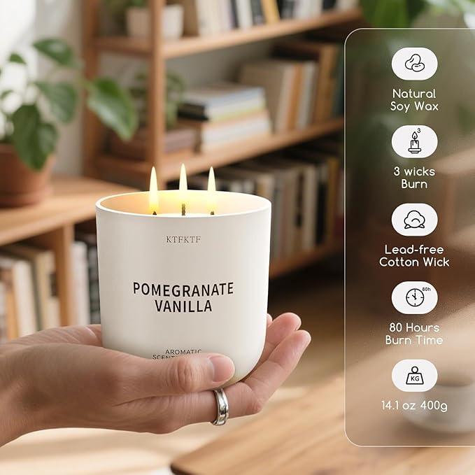 Pomegranate Vanilla Scented Candle for Home, 14.1oz 80H Long Lasting Aromatherapy Candles for Warmth & Festivity, Non-Toxic Essential Oil & Soy Wax | Fruity-Sweet Vanilla Fragrance