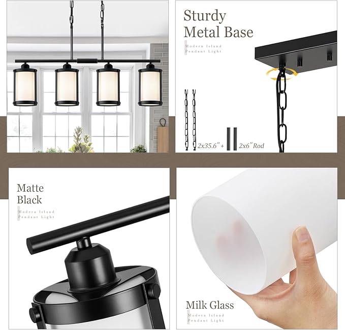4-Light Kitchen Island Lighting, Black Linear Dining Room Light Fixtures with Frosted Glass and Chain, Modern Farmhouse Chandelier Pendant Light for Kitchen Island Dining Room, OS-3014-4ISBKW