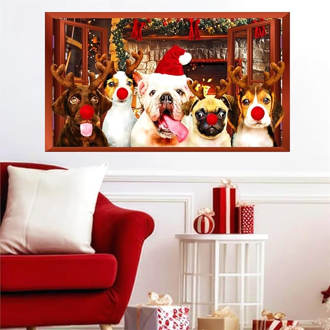 Christmas Dog Wall Decor 3D Xmas Fake Window Wall Decals Mural Merry Christmas Puppy Dog Wall Stickers Winter Holiday Faux Window Decal Party Decorations Cute Funny Dogs Decals Party Supplies