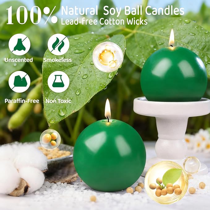 3 Inch Green Round Ball Candles,Elegant Round Pillar Candles,Hand-Poured Natural Soy Candles,26 H Long Burning Time-Dripless Smokeless Candle Dinner Table,for Wedding,Christmas Home Decor 4 Pack