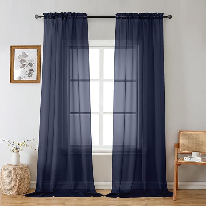 Gwine Navy Blue Sheer Curtains 96 Inches Long 2 Panels, Elegant Window Treatments Voile Curtains for Living Room, Light Filtering Rod Pocket Sheer Drapes, Each 42" Wx96