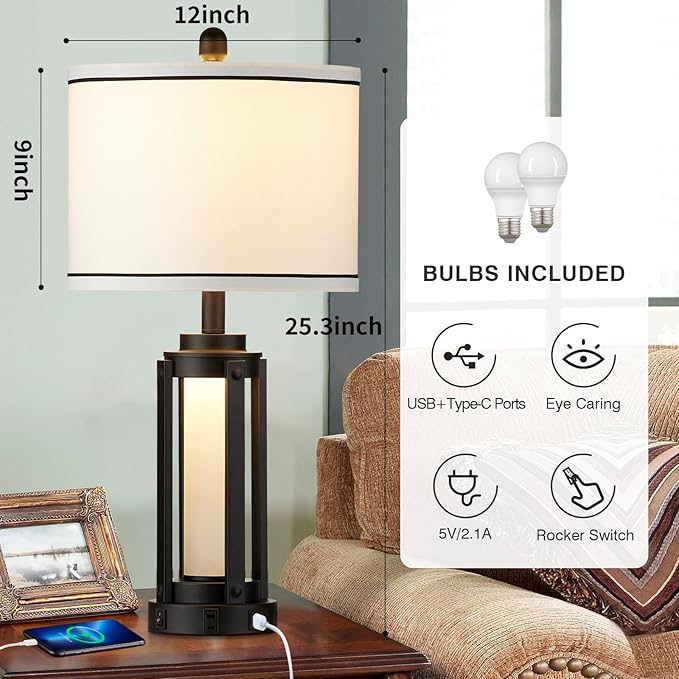 26" Modern Table Lamp with USB A+C Charging Ports & AC Outlet, Industrial Beside Contemporary Lamp Glass LED Night Light for Living Room Bedroom Nightstand End Table Single Black(2 Bulbs Included)