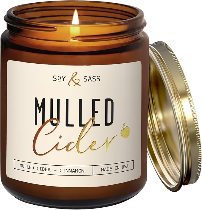 Mulled Cider Candle, Fall Candles I Apple Cider Candle w/Cinnamon & Nutmeg - Infused w/Essential Oils I Mulled Cider Fall Scented Candles (Soy) for Home I 9oz Reusable Jar I 50Hr Burn I Made in USA