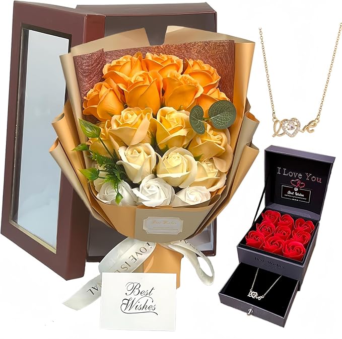EIGHTOWN Roses Bouquet Artificial Flower - Preserved Orange Rose Flowers with Love Necklace for Her - Unique Gifts Valentine's Day, Mother's Day, Thanksgiving, Birthday, Anniversary