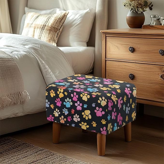 Colorful Paw Stretch Ottoman Slipcover Easy to Install Rectangular Footstool Cover Form Fit Folding Storage Furniture Protector for Living Room Sofa Footstool 33X30X15 Inch