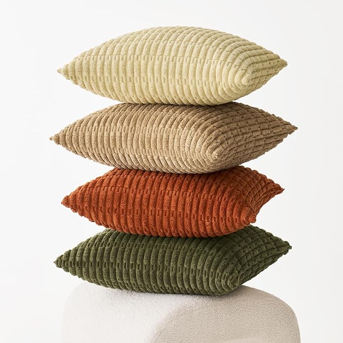 MIULEE Pack of 4 Boho Farmhouse Corduroy Decorative Throw Pillow Covers 18x18 Inch for Sofa Living Room Couch Bed Modern Retro Soft Striped Pillow Covers Home Decor Brown Green