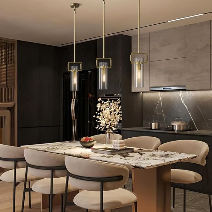 Modern Gold Kitchen Island Pendant Lights Set of 2, 12 Inch 1-Light Adjustable Pendant Light with Glass Shade & Brass Finish, Hanging Light Fixture for Kitchen, Dining Room, Bathroom, Living Room