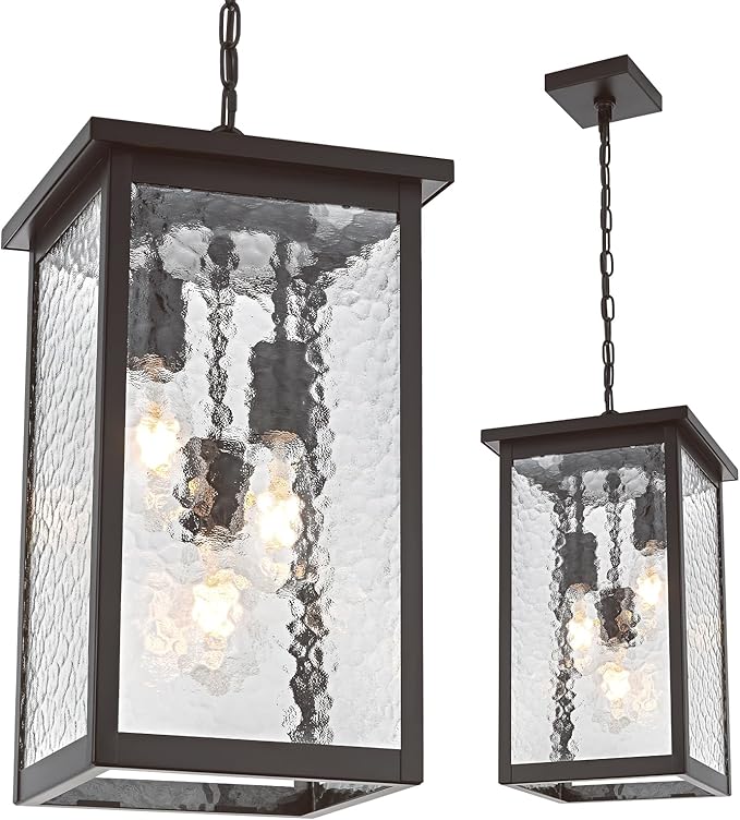 17'' Large Outdoor Indoor Pendant Light 3-Lights, Modern Black and Brushed Brass Exterior Hanging Porch Pendant Light with Hammer Glass, Outdoor Ceiling Lights for Front Entryway Gazebo Patio