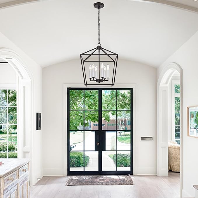 MELUCEE Vintage Lantern Pendant Light 6 Light Industrial Cage Chandelier with E12 White Candle-shaped Base Oil Rubbed Bronze Rustic Geometric Hanging Light Fixture for Kitchen Island Foyer Dining Room