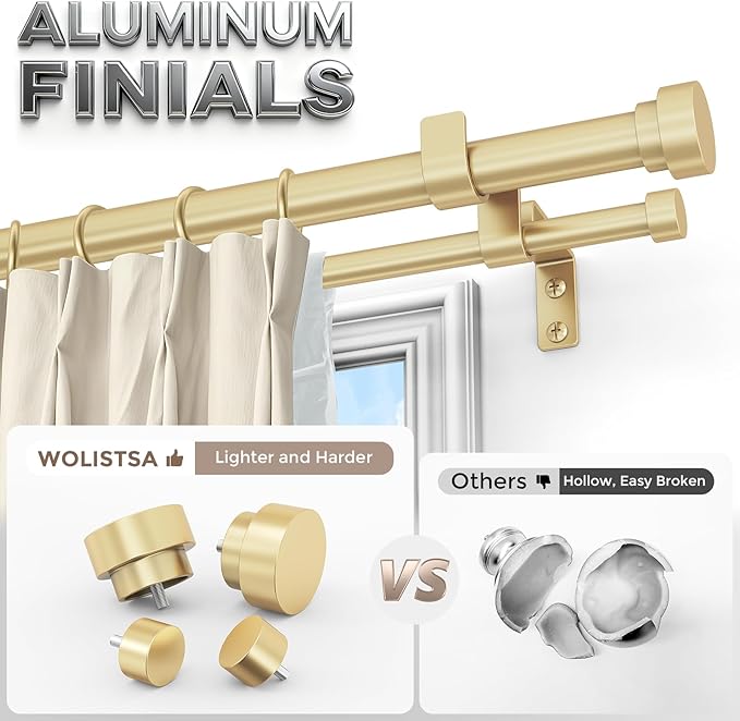 Double Curtain Rod, 1 Inch Gold Extra Long Dual Curtain Rods 120 to 170 Inch with Aluminium Modern End Cap Finial, Adjustable Heavy Duty Window Treatment Rods, Telescopic Metal Double Drapery Pole Set