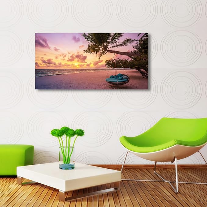 Purple Beach Palm Pictures Canvas Wall Art For Living Room Bedroom Wall Decor,Sunset Wall Art Print Paitnings For Home Decor,Morden Artwork Coconut Tree Canvas Art Ready To Hang-24x48 Inches