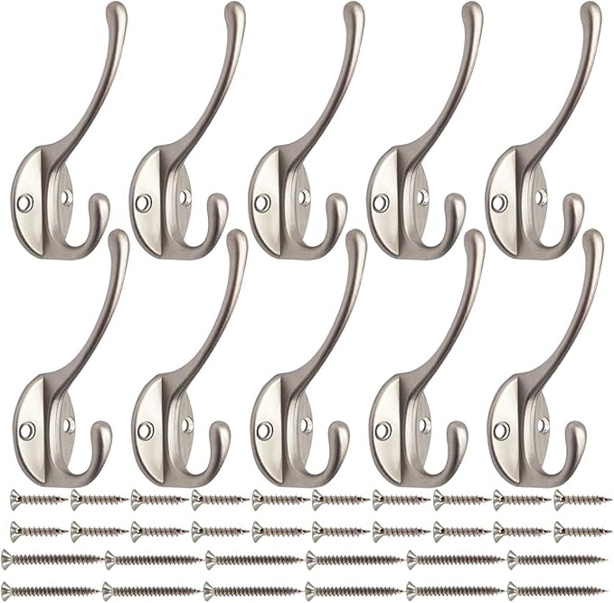 IBosins 10 Pack Dual Coat Hooks Wall Mounted with 40 Screws Retro Double Hooks Utility Silvery Hooks for Coat, Scarf, Bag, Towel, Key, Cap, Cup, Hat (Silvery)