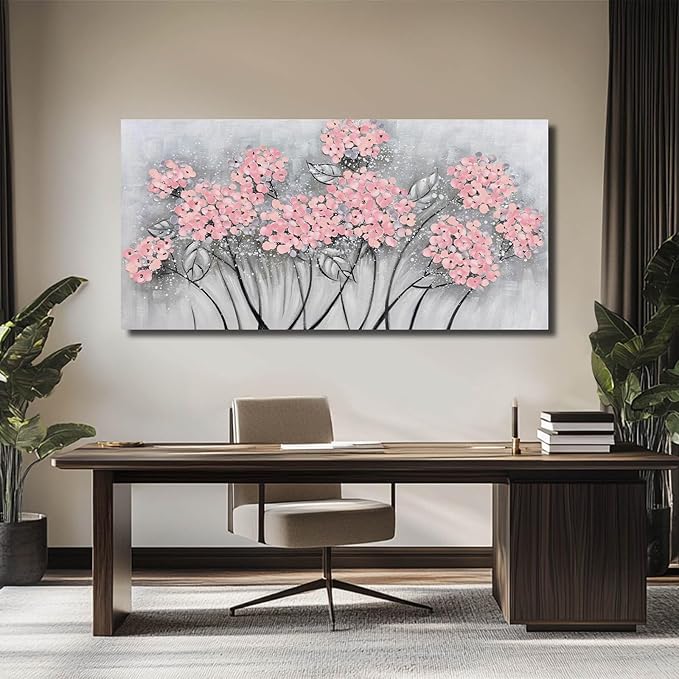 SOUGUAN Botanical Wall Art Oil Painting Pink Flower Pictures Wall Decor Large Artwork for Living Room Kitchen Home Decorations 24x48 Inch