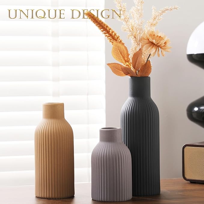 Ceramic Vase Set of 3 - Handcrafted Ceramic Vases for Home Decor & Shelf - Modern Farmhouse Decor for Kitchen, Office, Bedroom & Living Room Decorative Objects for Mantel, Table Centerpieces