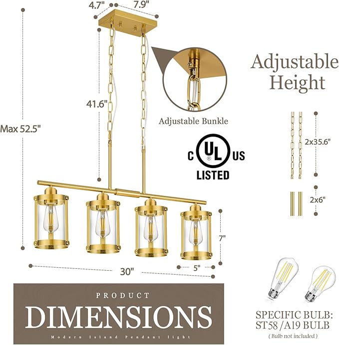 4-Light Kitchen Island Lighting, Brushed Gold Linear Dining Room Light Fixtures with Clear Glass, Modern Mid Century Chandelier Pendant Light for Kitchen Island Dining Room, OS-3014-4ISBG