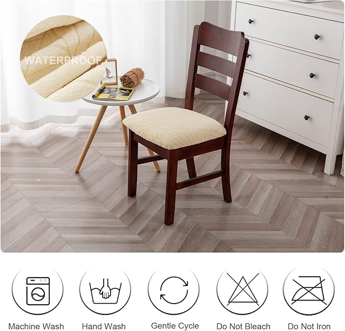 Genina Waterproof Seat Covers for Dining Room Chairs, Stretch Chair Covers Removable Washable Dinning Room Kitchen Chair Seat Cushion Slipcovers (Leaves-Beige, 6 PCS)