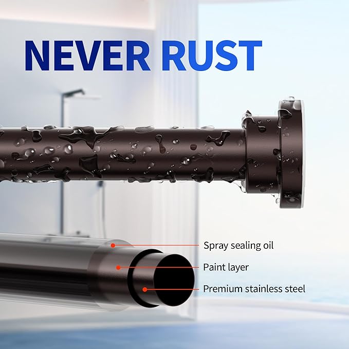 Shower Curtain Rod, 1" Diameter Heavy Duty Tension Shower Rod, Non Slip Adjustable 28-74 inch No Drill Shower Curtain Rods Spring Tension For Bathroom, Shower Stall, No Rust, Bronze
