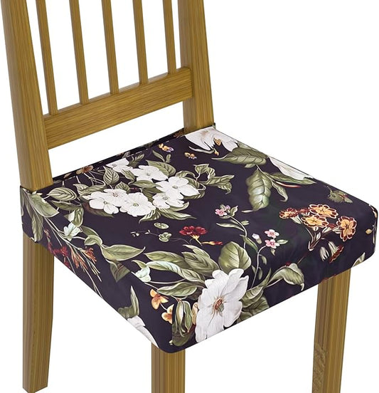 Stretch Dining Chair Seat Covers Set of 6,Dining Chair Slipcovers, Floral Printed Chair Covers,Soft Fabric Washable Upholstered Chair Seat Protector, No Rear Covers for Home Kitchen Dining Room
