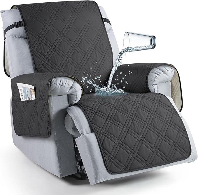 TAOCOCO 100% Waterproof Recliner Chair Cover, Recliner Cover Stay in Place for Recliner Chair with Pocket, Reclining Dog Chair Cover Furniture Protector for Kids, Pets(23.6'', Charcoal Gray)