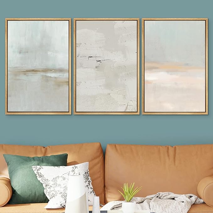 SIGNWIN Framed Canvas Print Wall Art Set Pastel Grunge Watercolor Landscape Shapes Abstract Illustrations Modern Art Decorative Nordic Chic Calm for Living Room, Bedroom, Office - 24"x36"x3 Natural