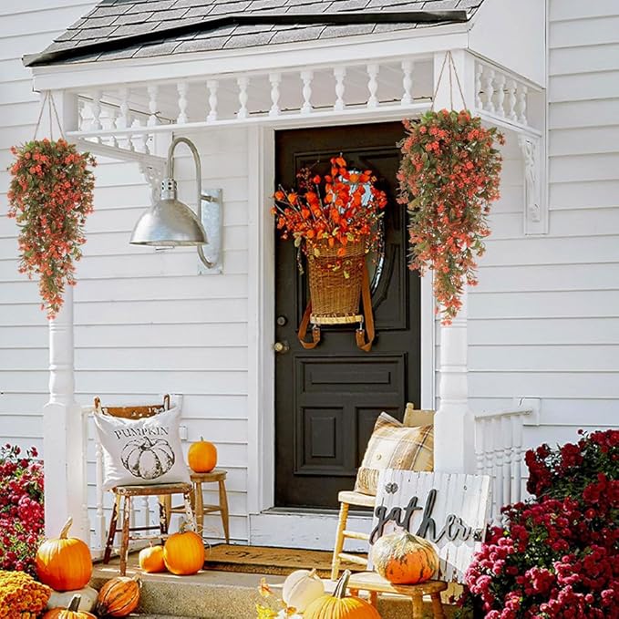 RECUTMS 2Pcs Fake Fall Plastic Outdoor Flowers Artificial Fall Hanging Plants Faux Greenery Vine Plant for Indoor Room Front Door Garden Porch Patio Wedding Party Decorations (Autumn Red)