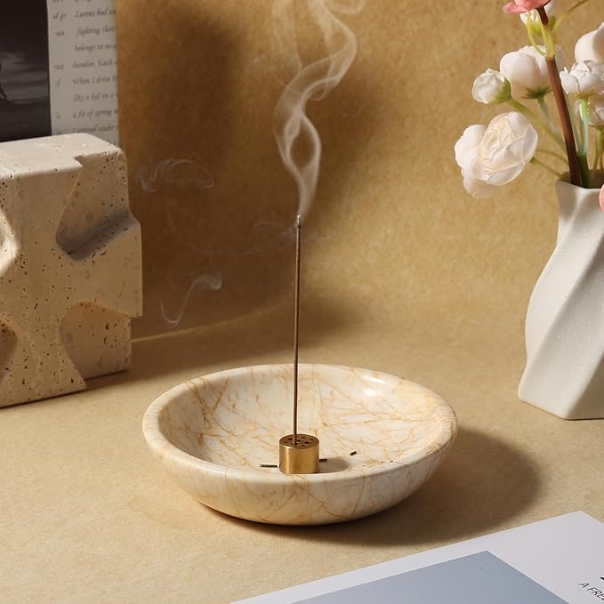 Koville Natural Marble Incense Holder, Incense Holder for Sticks with 9 Holes, Handmade Incense Burner Ash Catcher for Meditation Yoga SPA, Balsam Fir/Palo Santo/Sage/Cone (Gold)