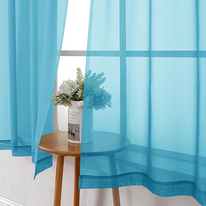Lecloud Turquoise Sheer Curtains 63 Inch Length 2 Panels, Light Filtering Voile Airy Drapes for Bedroom Windows, Dual Rod Pocket Living Room Sheer Curtains, 40 W x 63 L Inches