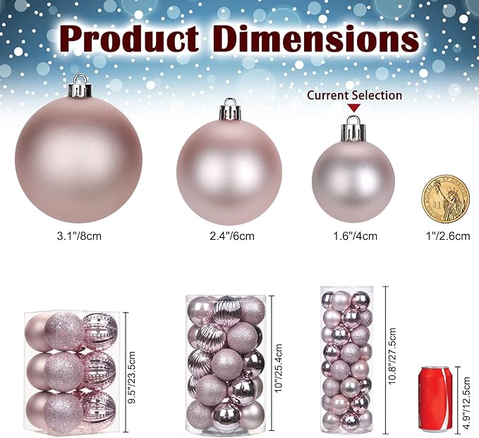 1.57" Pink Christmas Balls Ornaments 40 Pcs Shatterproof Christmas Ornaments Set Mini Light Pink Ornament for Xmas Tree Halloween Holiday Party