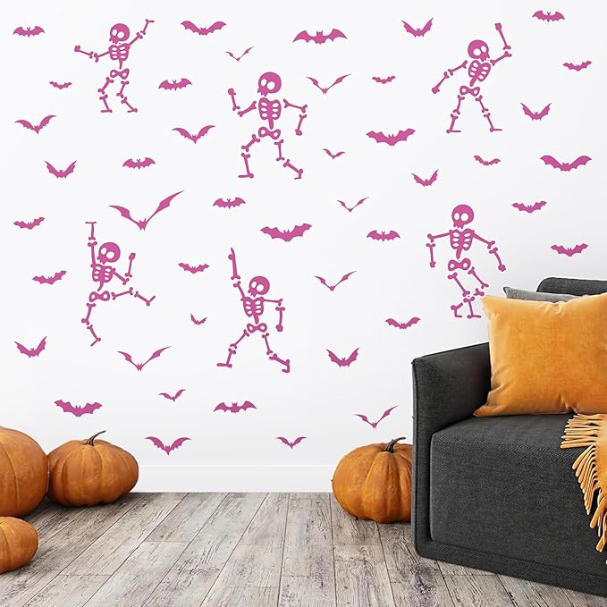 Halloween Wall Decals and Skeleton Window Clings - 6 Sheets 43 Pcs Removable Pink Ghost Bat Wall Stickers for Mirrors, Windows, Home Bedroom Party Decor