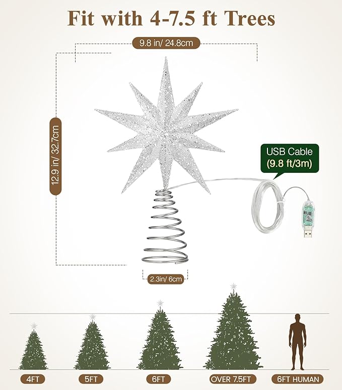 Luxspire Christmas Tree Topper, Lighted Star Tree Topper with USB Plug-in & Remote Control, 9.8" Christmas Tree Star Lights for Home Holiday Decor, 6H Timer & 8 Lighting Modes, Silver