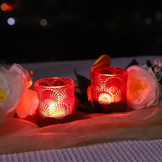 Woho Red Votive Candle Holders Set of 12 for Boho Wedding Table, Ginkgo Leaves Design Tealight Candle Holder Vintage for Christmas Decorations, Glass Tea Lights Candle Holder for Valentines Day Decor