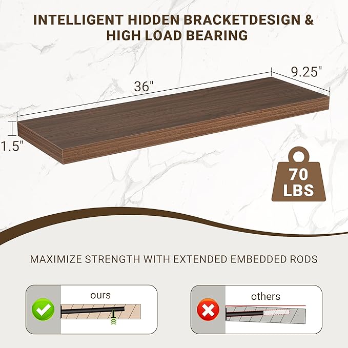 36 Inch Floating Shelves, 36"x9.25"x1.5" Inch Deep Floating Shelves for Wall, Wooden Shelves for Bathroom, Bedroom, Living Room, Walnut, 2 Pieces