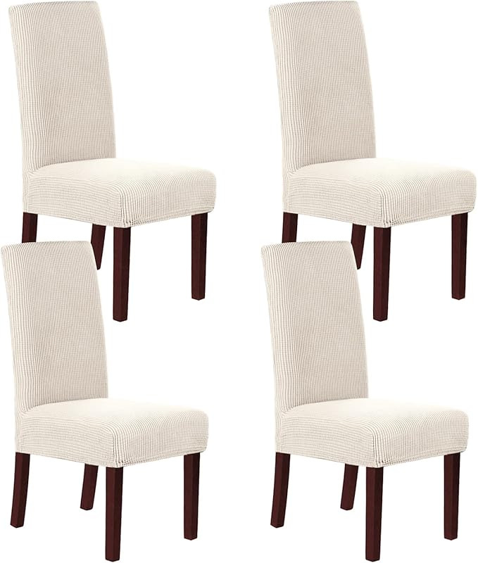 H.VERSAILTEX Stretch Dining Chair Covers Set of 4 Chair Covers for Dining Room Parsons Chair Slipcover Chair Protectors Covers Dining, Feature Textured Checked Jacquard Fabric, Ivory