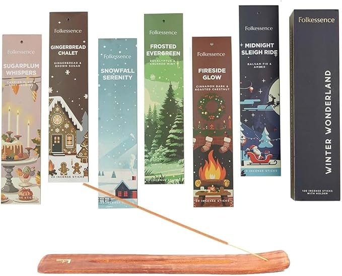Folkulture Incense Sticks with Holder | Set of 6 (120) Winter Insense | 45 Min Burn Time | Cedarwood, Amber | Organic, Non-Toxic Xmas Scents | Winter | Inscents-Sticks for Women