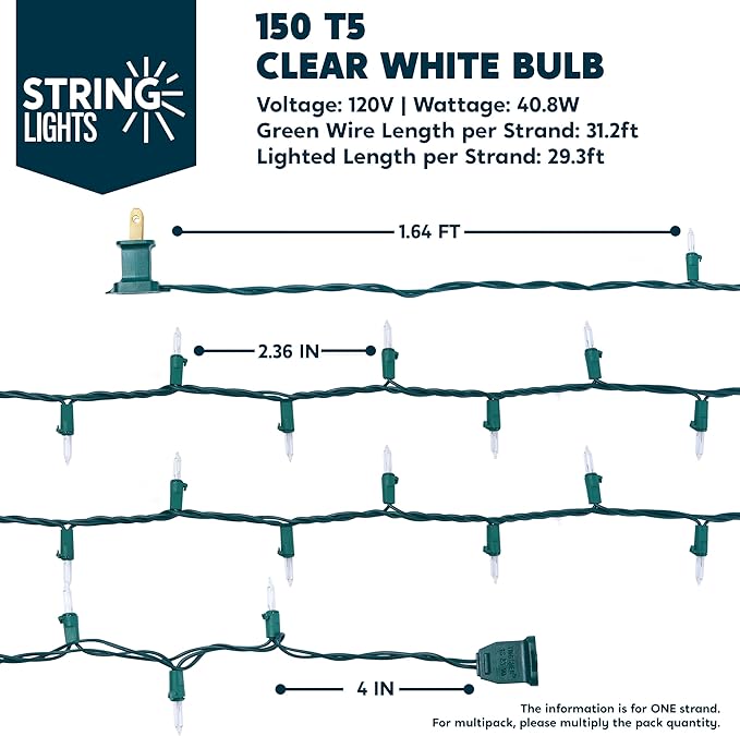 Joiedomi Clear Christmas String Lights Indoor,150 Count Mini White Fairy Light,31.2FT Lighting Decor for Patio Dorm Classroom Bedroom Holiday Wedding Party Garland Birthday Festival,Green Wire
