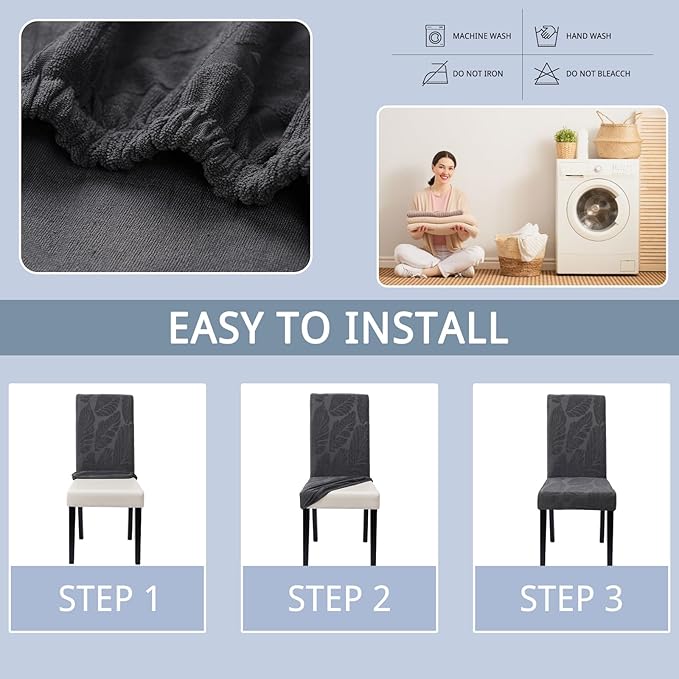 Chair Covers for Dining Room Set of 4, Washable Parson Chairs Slipcover Kitchen Seat Protector for Home, Party, Hotel, Banquet (Leaf Metallic Grey)