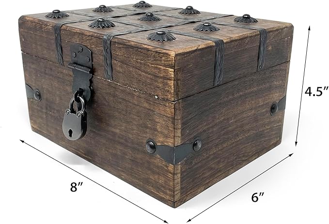 Nautical Cove Treasure Chest Wooden Box with Antique Iron Lock and Skeleton Key (Small 8x6x4.5) - Storage and Decor – Pirate Keepsake Chest, Decorative Storage Box with Hinged Lid