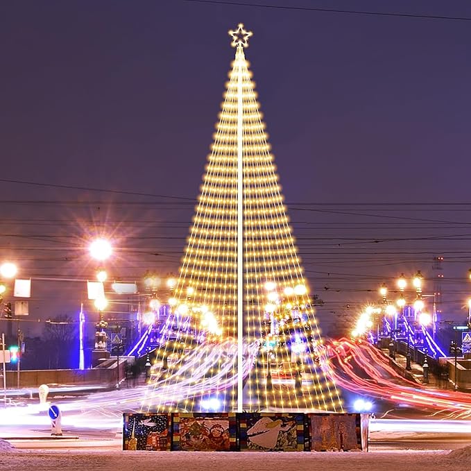 Riakrum 20ft-3199 LED Flagpole Christmas Tree Lights Outdoor Decorations with Star Topper, 8 Lighting Modes Pre-lit LED Flagpole Christmas Lights Multicolor, Outside Yard Holiday Display