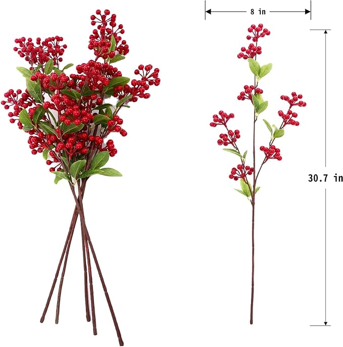 5 Pcs Artificial Holly Berries 30.7" - Christmas Tree Decorations, Realistic Red Berry Stems for Wreaths & Holiday Centerpiece