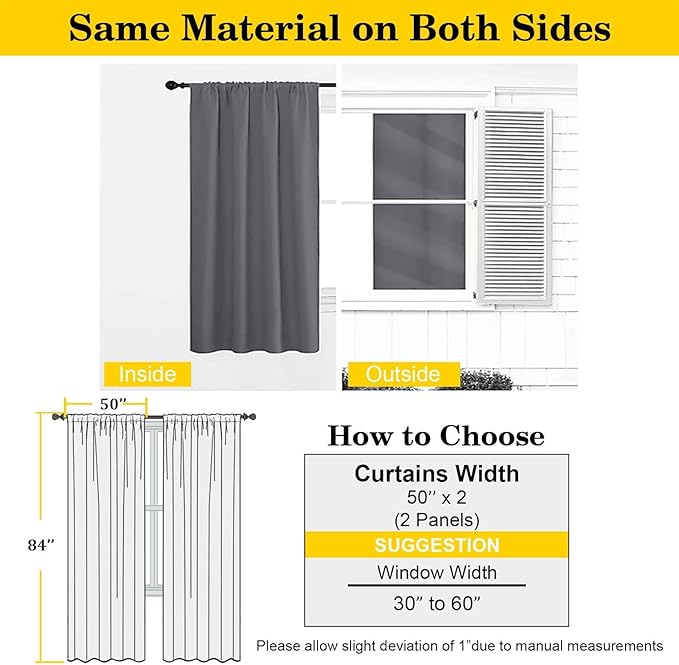 Grey Blackout Curtains 84 Inches Long 2 Panels Set, Soft Solid Thermal Insulated Room Darkening Curtains for Bedroom Living Room, Rod Pocket Drape, 50" Wx84 L