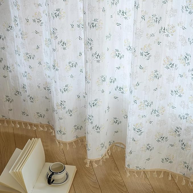OYX Boho Curtains 96 Inch Length 2 Panels for Living Room, Bedroom Light Filtering Drapes, Farmhouse Vintage Country French Rustic Tassels Pattern Rod Pocket Aesthetic Decor Window Treatments