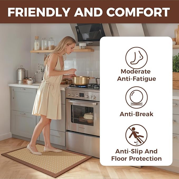 Anti Fatigue Kitchen Rugs Mat Non Slip Washable, 0.4" Thick Soft Cushioned Absorbent Kitchen Mats for Floor, Jute-Like Woven Laundry Standing Mats Sink Mat, Easy Clean Care, Brown 17"x30"