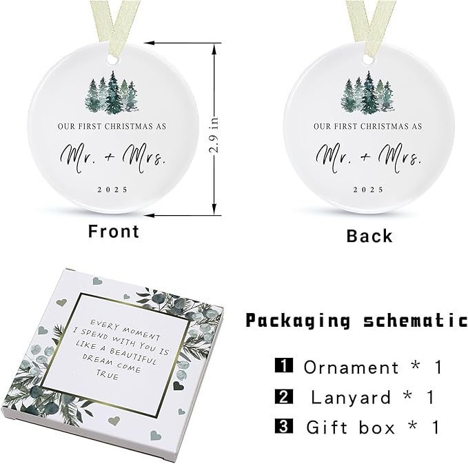 First Christmas as Mr and Mrs Ornament 2025,1st Year Wedding Ornament for Newlywed,Our First Married Christmas Ornament,Ceramic Hanging Decoration for Couples Just Married with Gift Box&Ribbon (2.9"