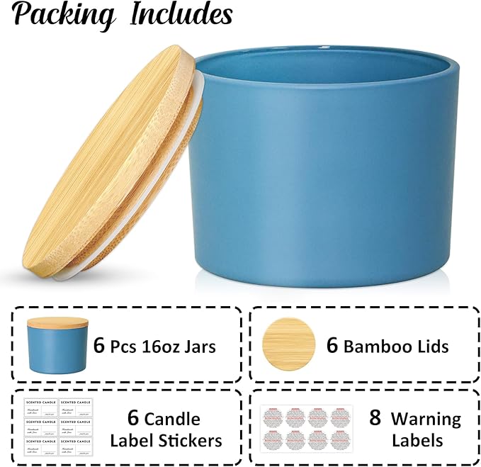 16oz Candle Jars 6 Pack, 3 Wick Matt Blue Glass Empty Candle Jars with Bamboo Lids for Candle Making, Large Wide Mouth Candle Container Bulk for 12/13/14/15oz Candles, Labels Included