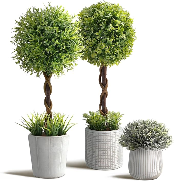 3 Pack Small Fake Plants in Farmhouse Concrete Planter, Artificial Boxwood Topiary ball Indoor for Home Decor, Small Faux Plants Indoor for Bathroom Bedroom Shelf Desk Office Table Kitchen Room Decor
