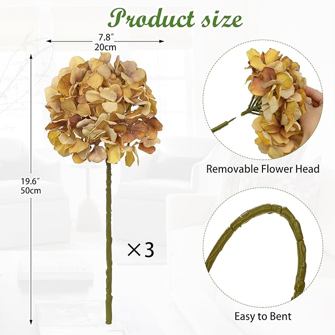 Oairse Fall Brown Hydrangea Artificial Flowers, 19.6in Dried Textured Silk Hydrangea Flowers with Stems 3 Pcs Fake Flower Bouquet Faux Floral Stems Artificial Flower Bulk for Table Wedding Home Decor